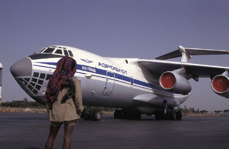 A fighter standing on runway of Addis Ababa Airport After Tigrayan lead rabels took Control of Addis Ababa Airport  on May 29, 1991 in Addis Ababa, Ethiopia.