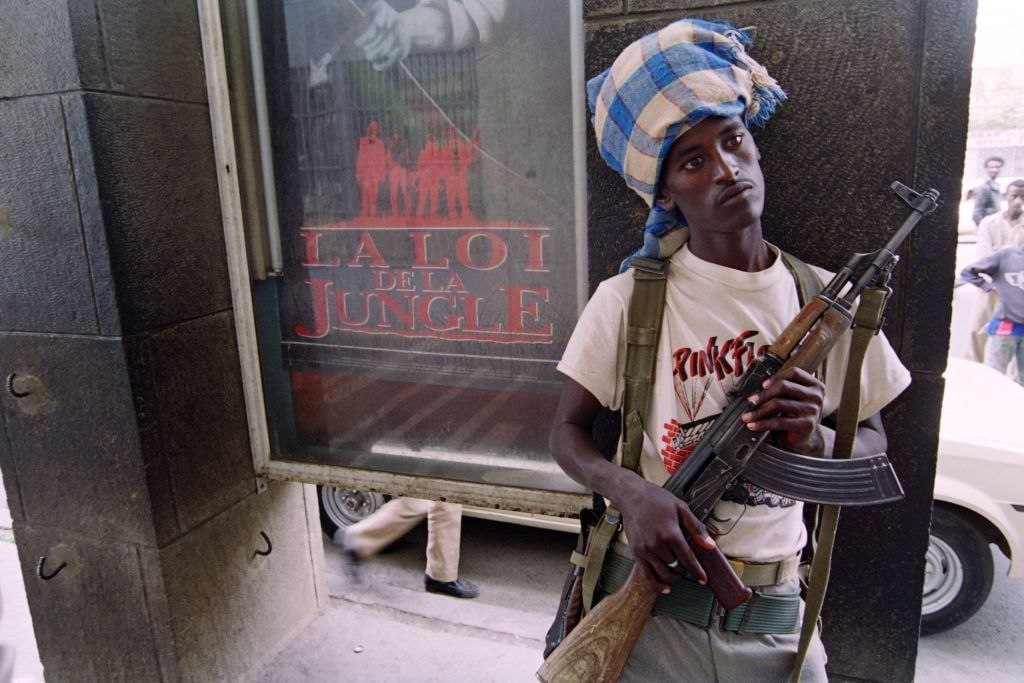 An Ethiopian People's Revolutionary Democratic Front (EPRDF) rebel stands guards near the entrance of the national theater in Addis Ababa
