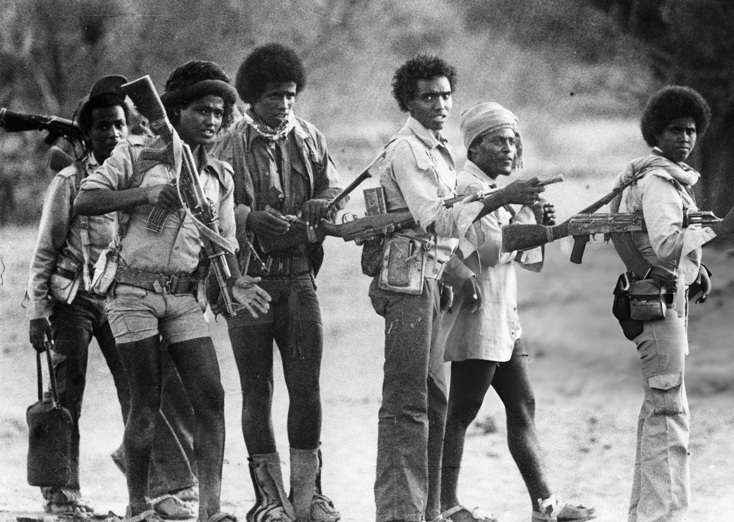Guerrilla fighters of the Tigray People's Liberation Front (TPLF) preparing to march.